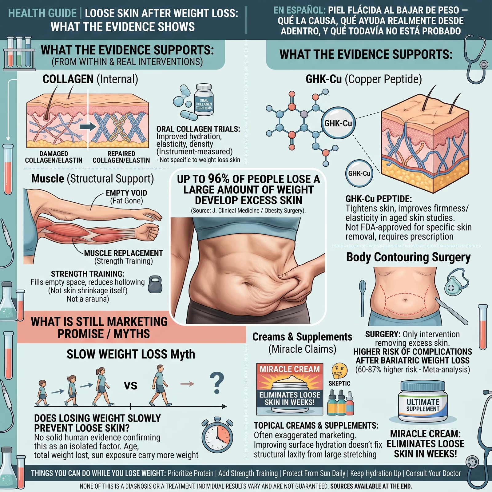 Infographic: Loose skin after weight loss — why it happens, how common it is, collagen and GHK-Cu, the role of muscle, body contouring surgery, and what the evidence actually shows