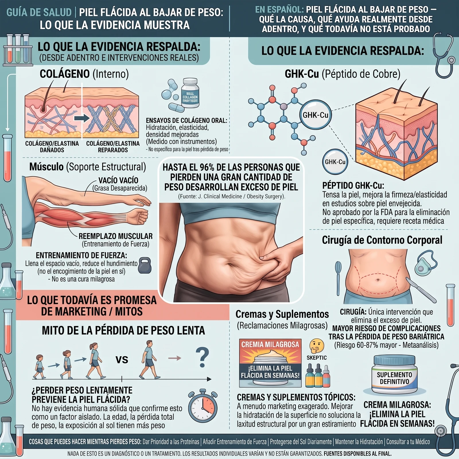 Infográfica: Piel flácida al bajar de peso — por qué pasa, qué tan común es, colágeno y GHK-Cu, el papel del músculo, la cirugía de contorno corporal y qué dice realmente la evidencia