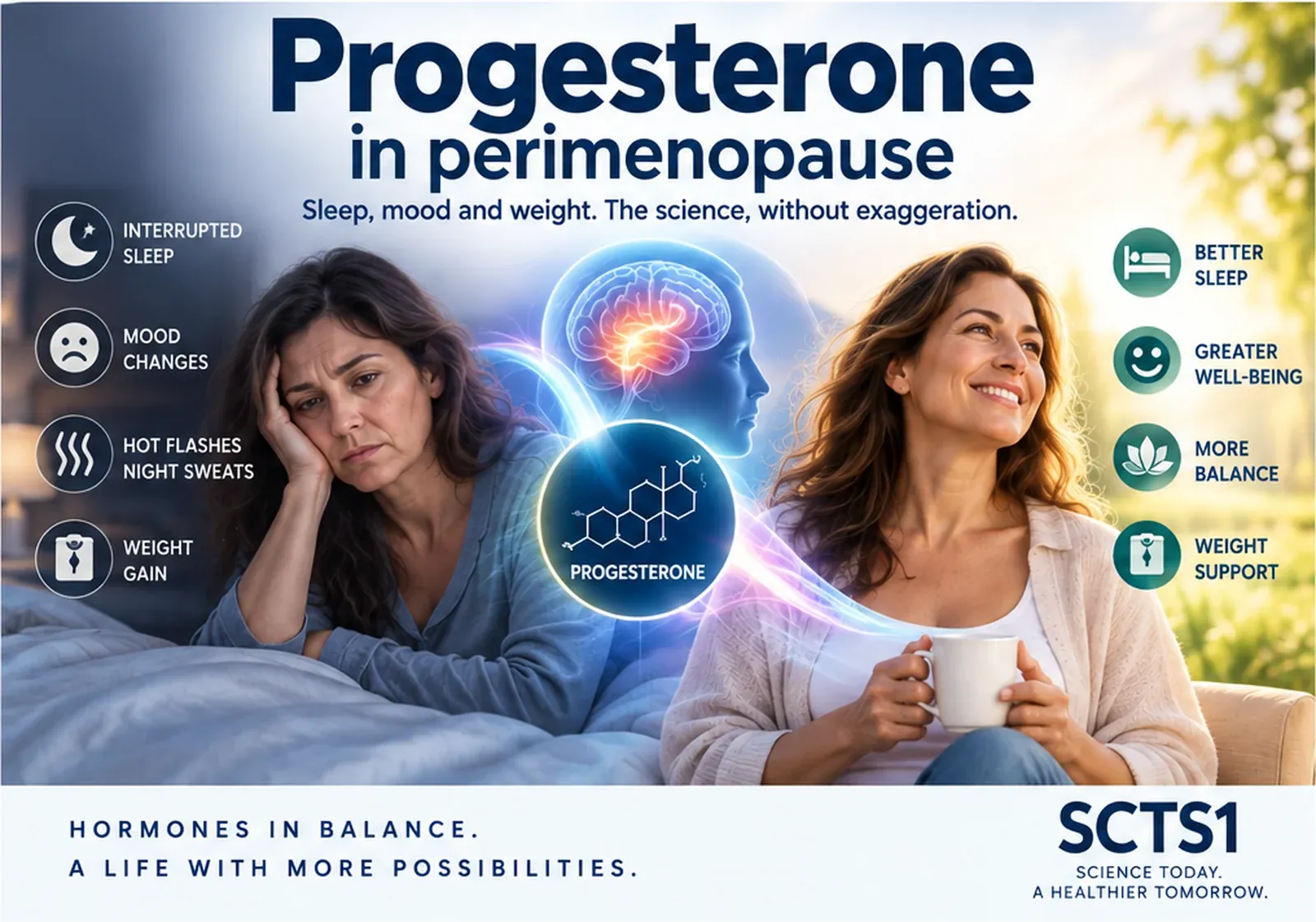 Two women side by side: one awake at night with interrupted sleep, mood changes, hot flashes and weight gain listed beside her; the other calm in daylight beside better sleep, greater well-being, more balance and weight support, with the progesterone molecule between them.