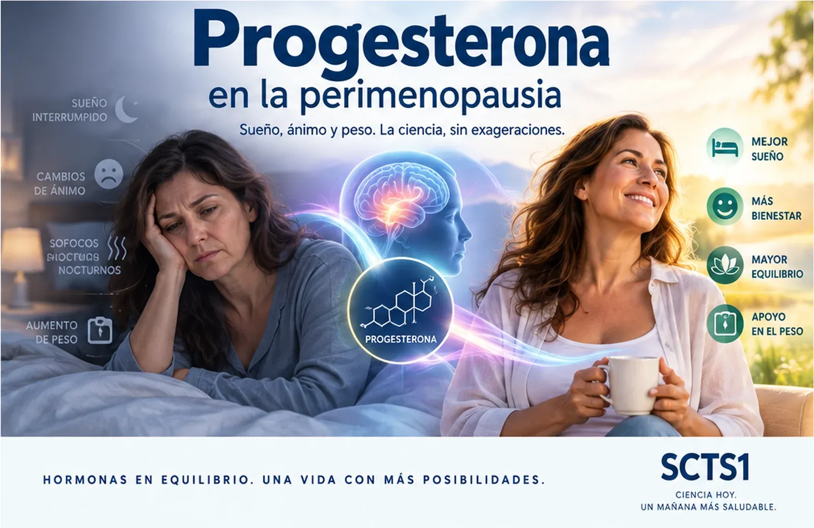 Dos mujeres lado a lado: una despierta de noche, con sueño interrumpido, cambios de ánimo, sofocos nocturnos y aumento de peso a su lado; la otra tranquila a la luz del día junto a mejor sueño, más bienestar, mayor equilibrio y apoyo en el peso, con la molécula de progesterona entre ambas.