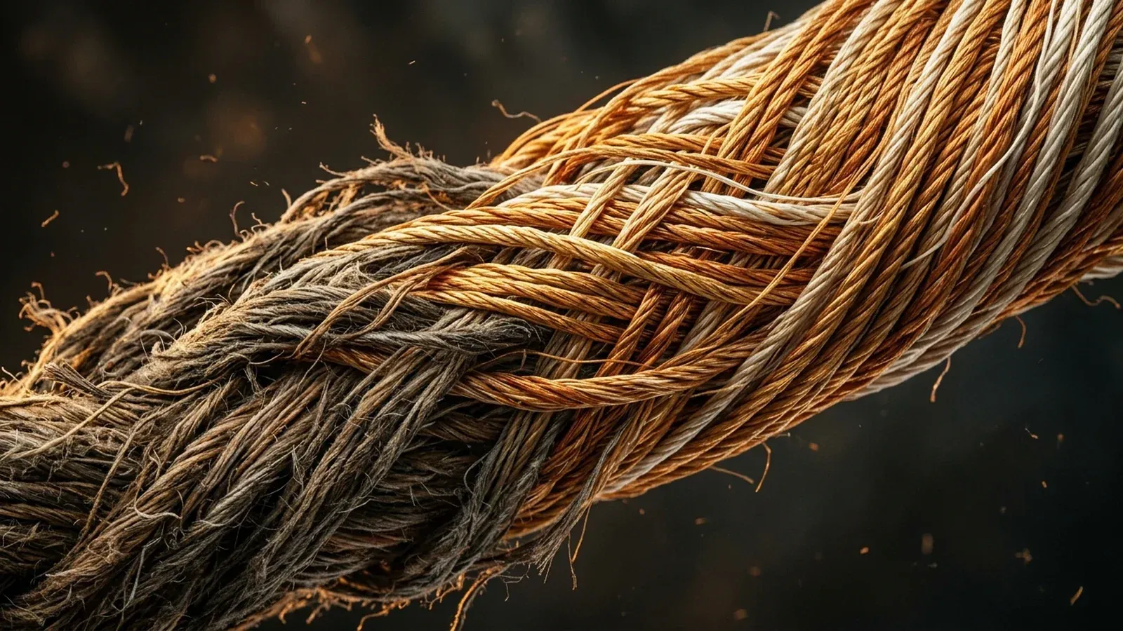 Close-up of a thick rope running diagonally: worn, frayed grey fibers at one end give way to a tight, newly woven golden braid at the other.