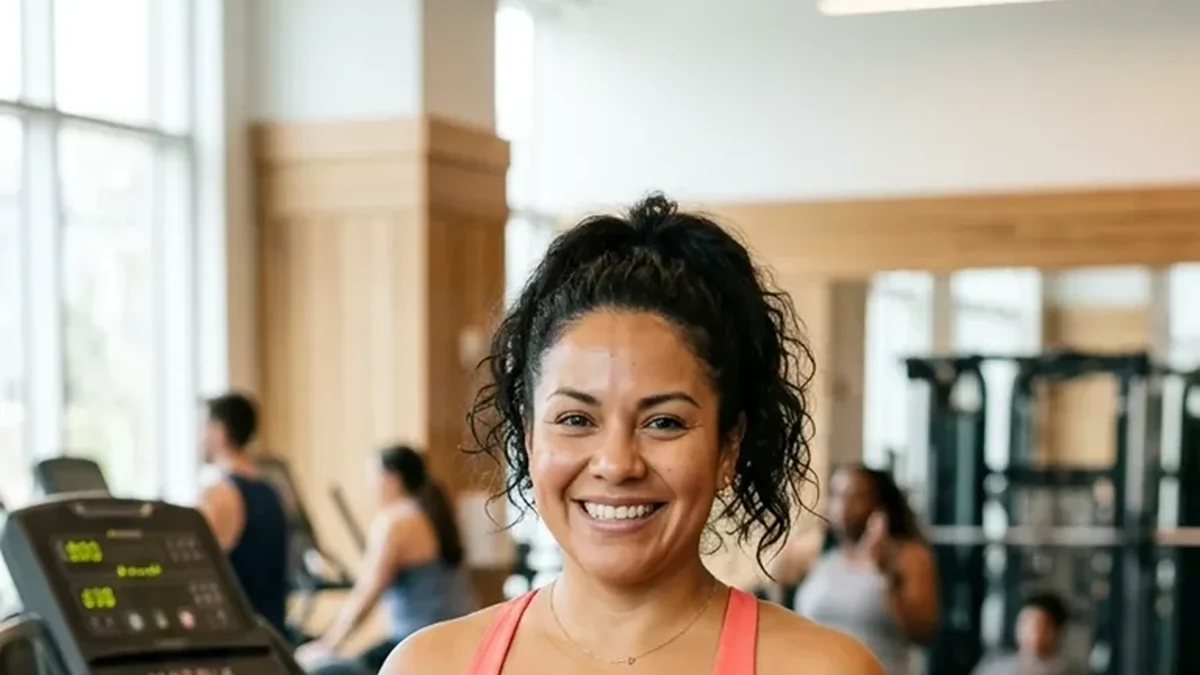 Mujer latina sonriendo en el gimnasio, entrenando fuerza
