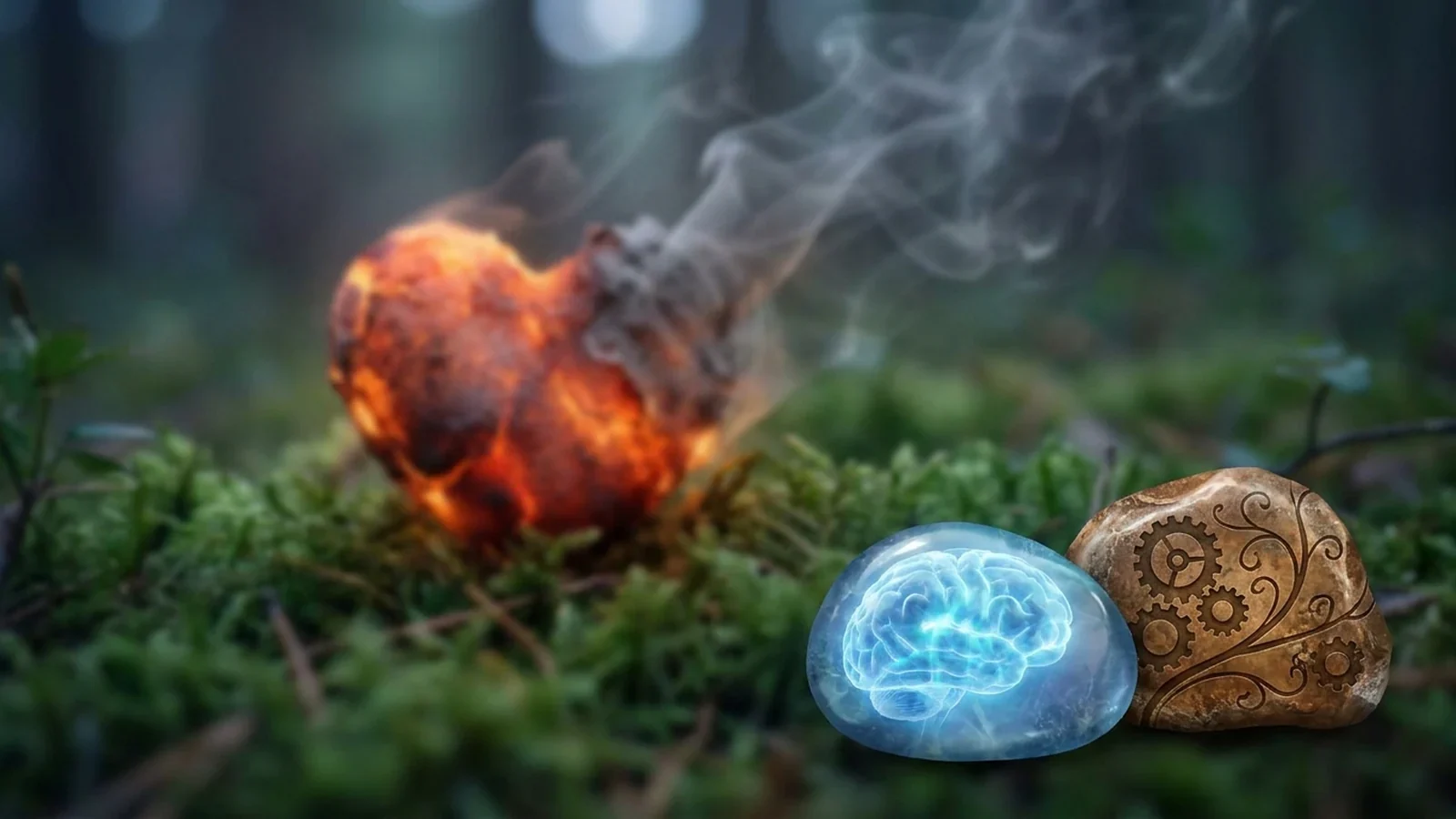 Una brasa con forma de corazón humeando sobre musgo verde, junto a una piedra azul luminosa con forma de cerebro y otra piedra tallada: el deseo que se apaga y el cerebro como origen de las ganas.
