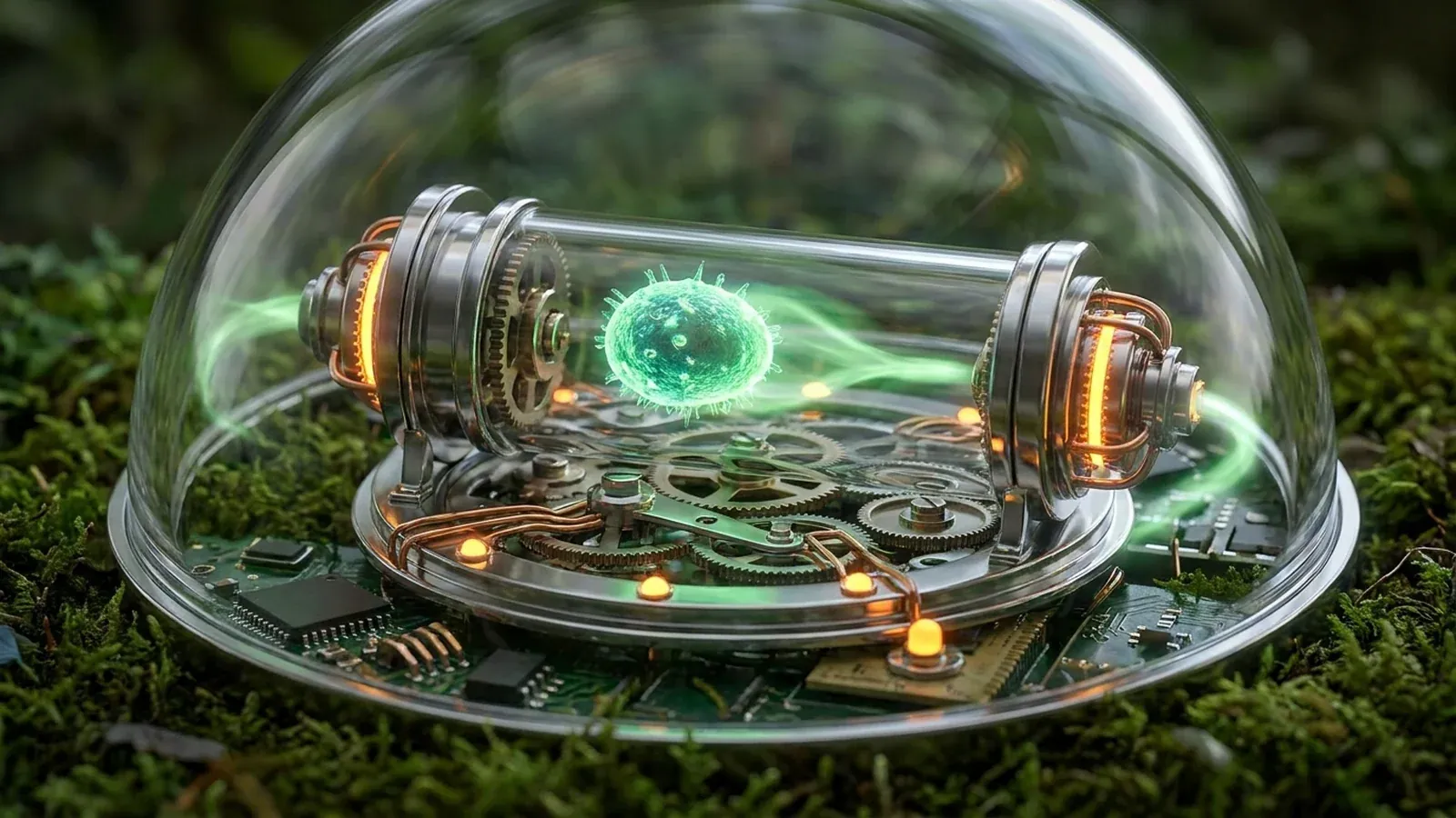 Un mecanismo luminoso de engranajes y luz verde protegido bajo una cúpula de cristal, apoyado sobre musgo