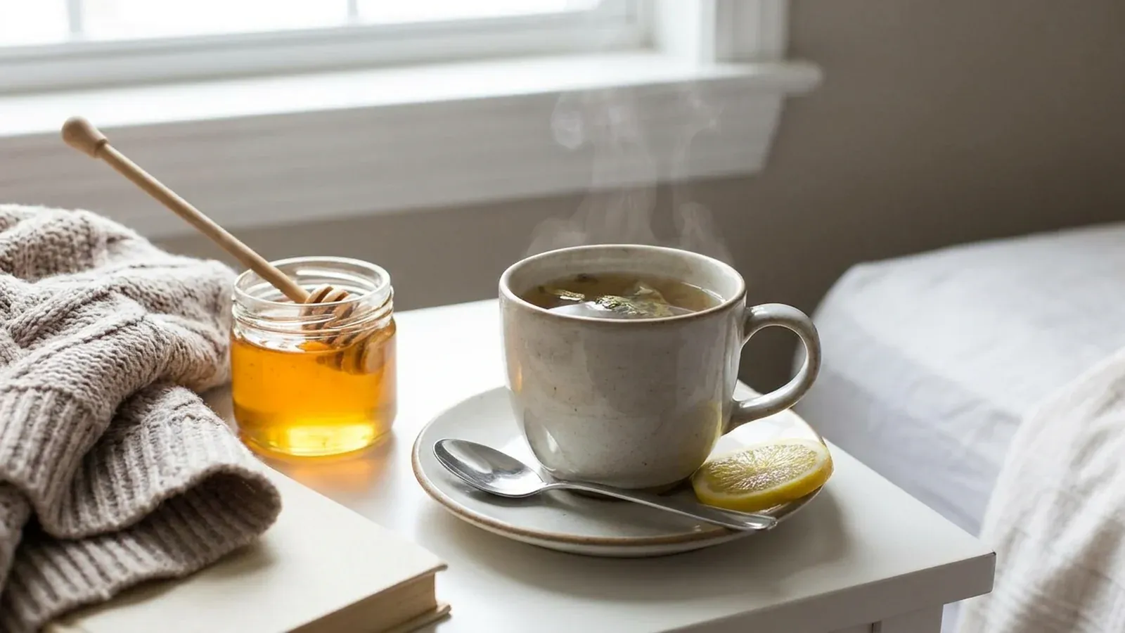 Una taza de té con limón, una cuchara de miel y libros en una mesa de noche junto a la cama