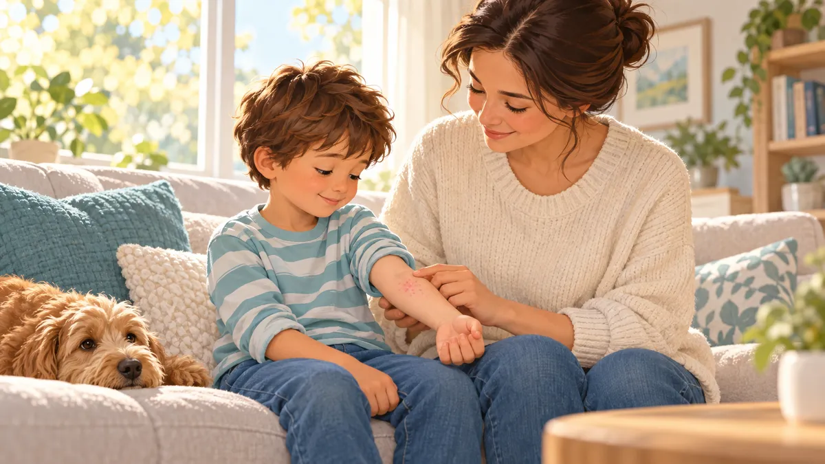 A mother gently checks a small rash on her young son's forearm as they sit together on a sofa