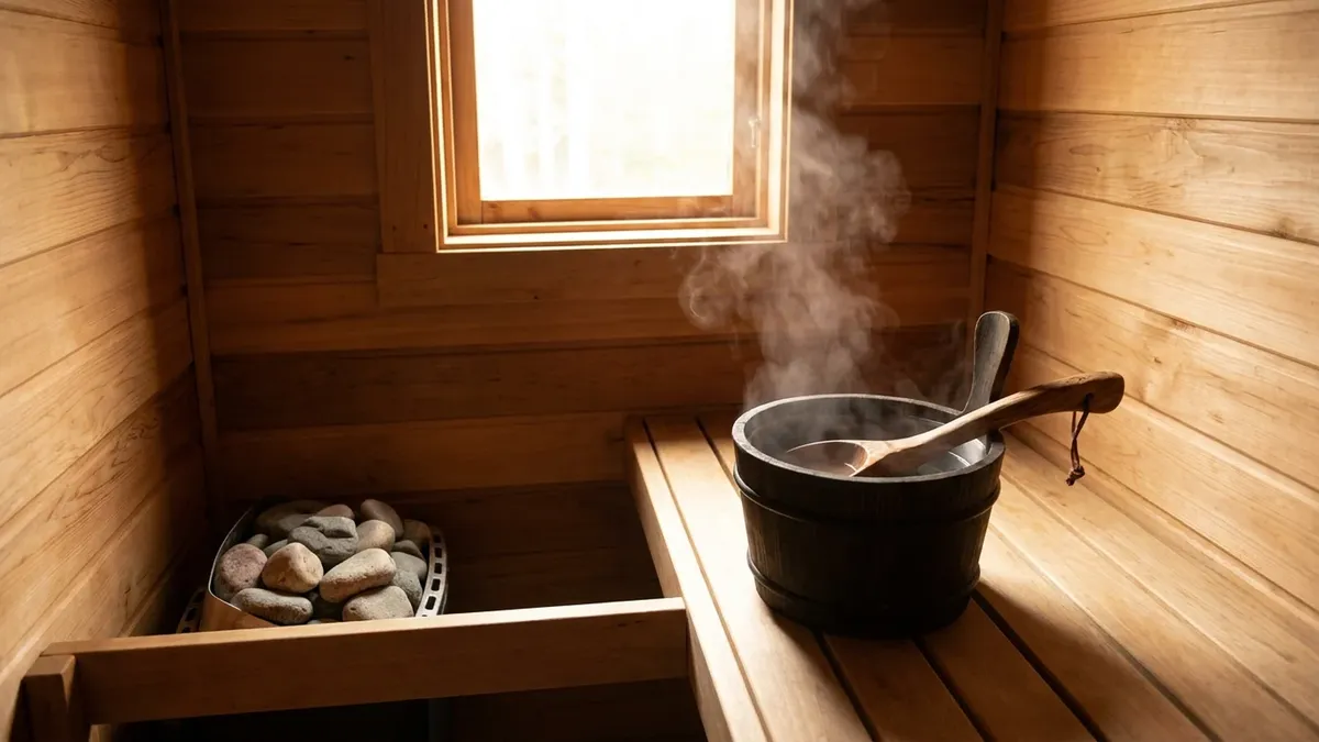 Interior of a wooden sauna with soft daylight through a small window, a wooden bucket and ladle with steam rising, and a basket of sauna stones on the lower bench.