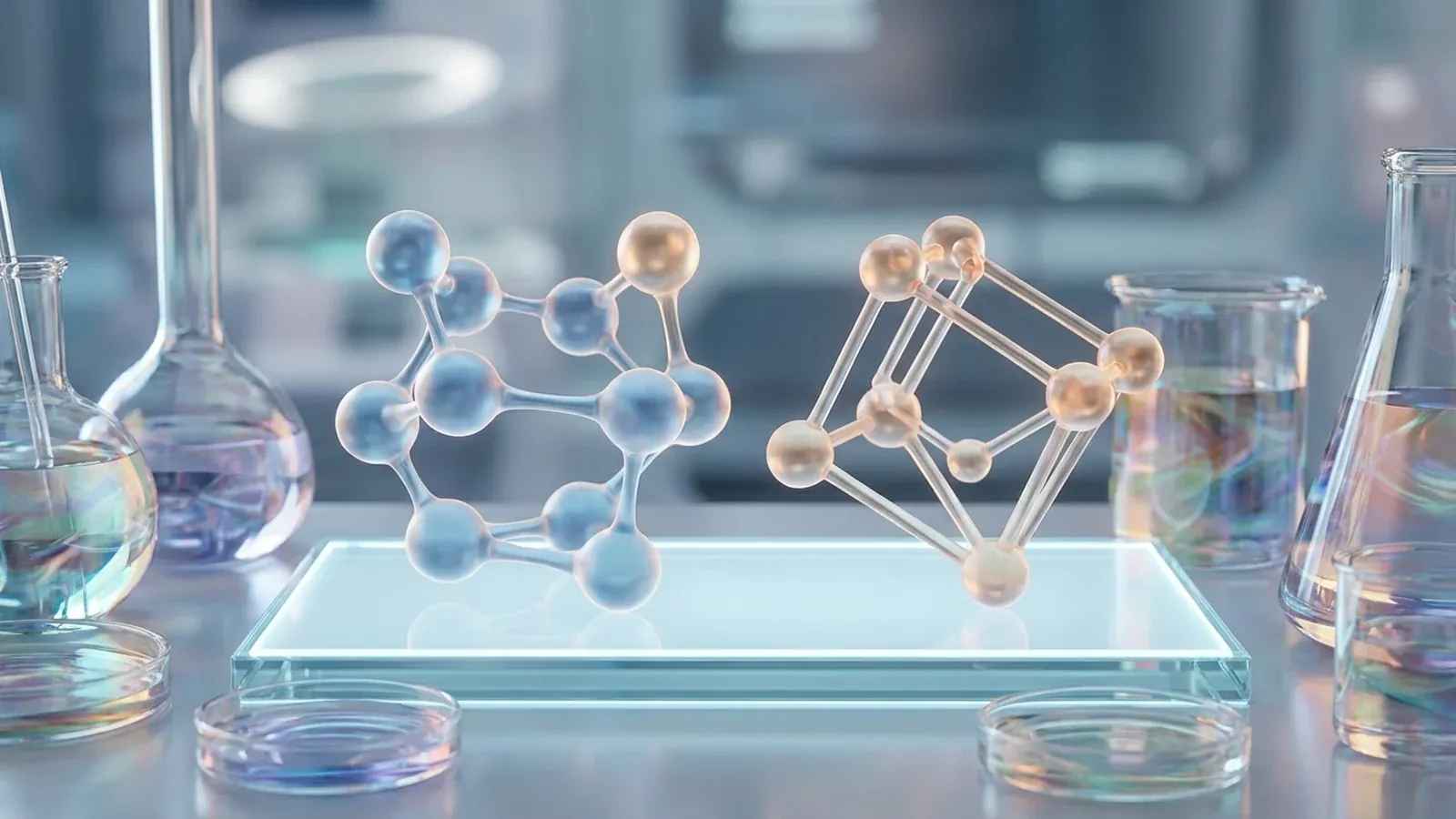 Two molecular models suspended above a glass plate in a laboratory: two peptides that still live more on the workbench than in the clinic