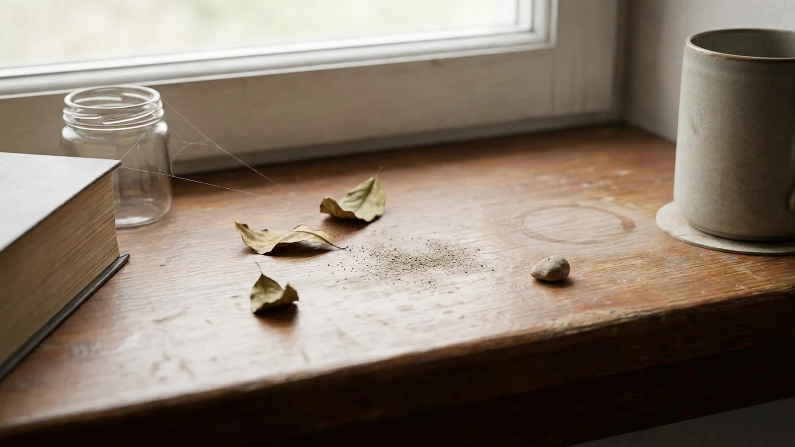 Alféizar de madera bajo luz de mañana con un libro cerrado, un frasco de vidrio, una taza de cerámica y varias hojas secas dispersas