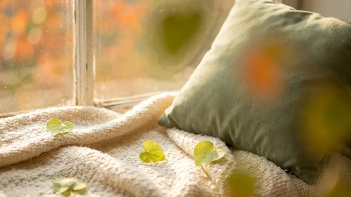 Una manta de punto color crema y un cojín verde salvia sobre el alféizar de una ventana, con la luz cálida de la tarde entrando