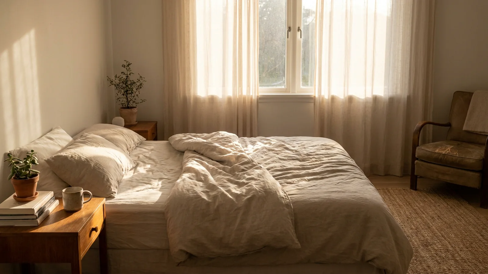 Habitación con una cama de lino sin hacer, cortinas finas y luz cálida de la mañana entrando por la ventana