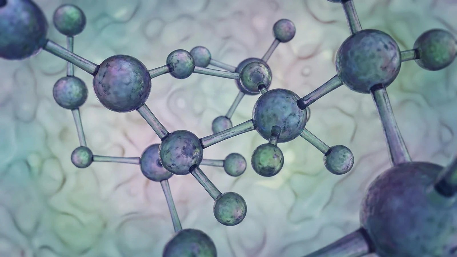 A three-dimensional molecular structure of teal-blue spheres joined by bonds, floating over a watercolour background in aqua and lavender tones