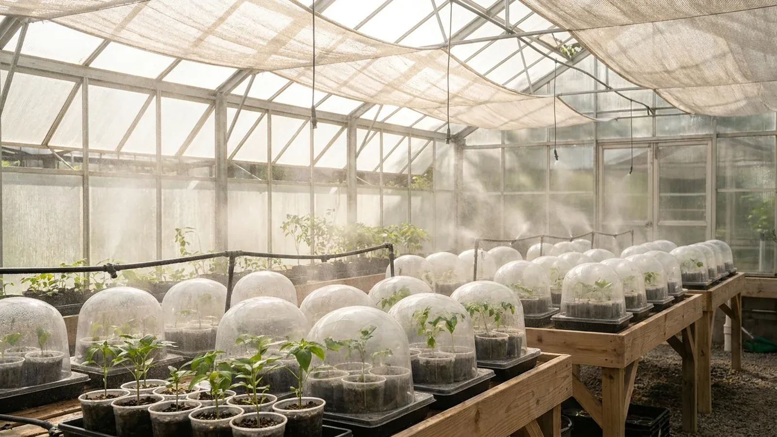 A sunlit greenhouse with rows of young plants, each protected under its own glass cloche until it is ready