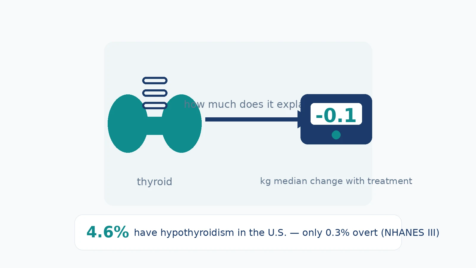 Infographic: thyroid and weight — how much the thyroid explains, what happens to weight when hypothyroidism is treated, and what the evidence says about TSH and obesity