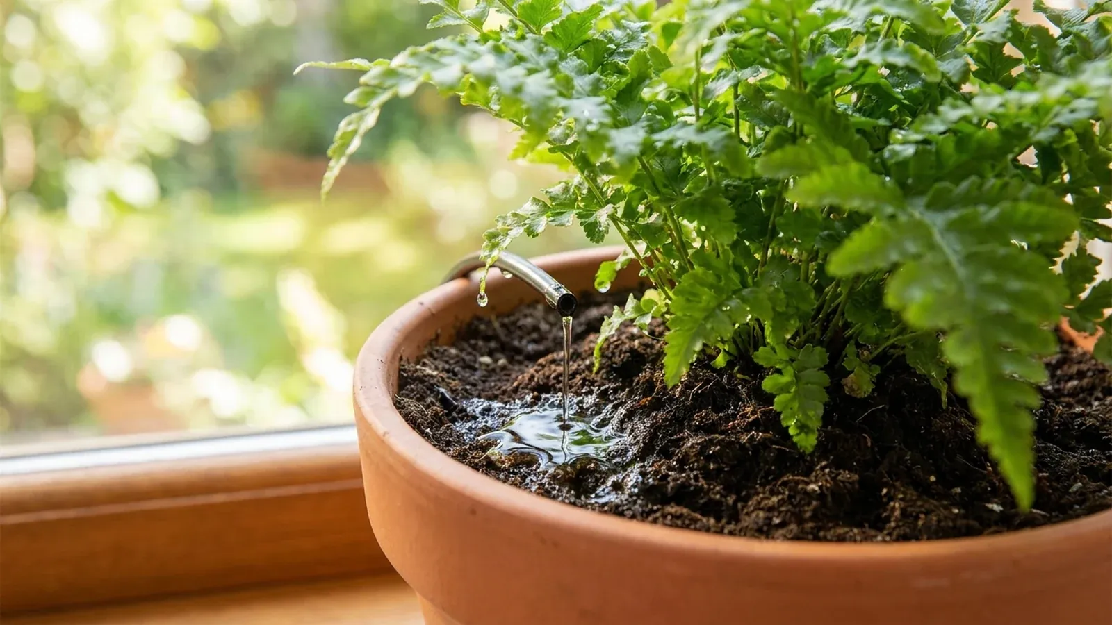 Photograph: a fern in a terracotta pot beside a window, with a thin steady thread of water falling onto the damp soil
