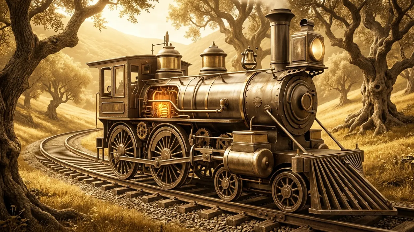 An antique polished-brass steam locomotive with its firebox glowing, moving along a track through olive trees in golden light