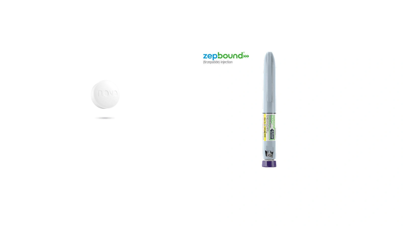 A white Wegovy tablet next to a Zepbound injector pen