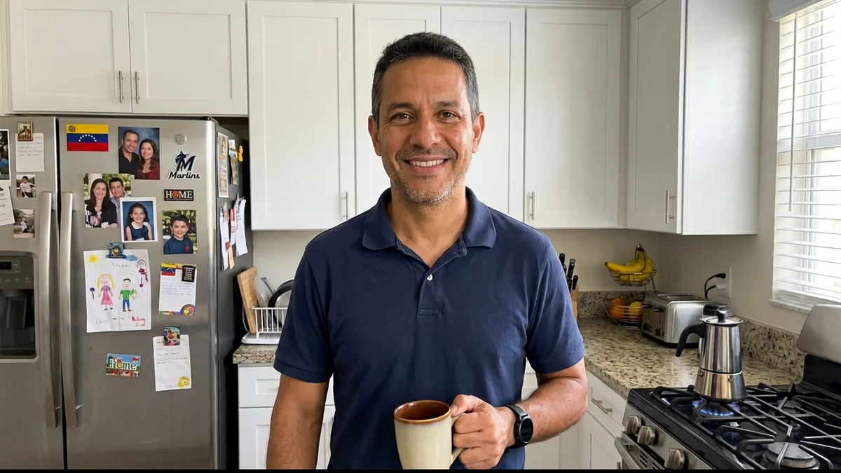 Hombre latino de 45 años en su cocina en Miami