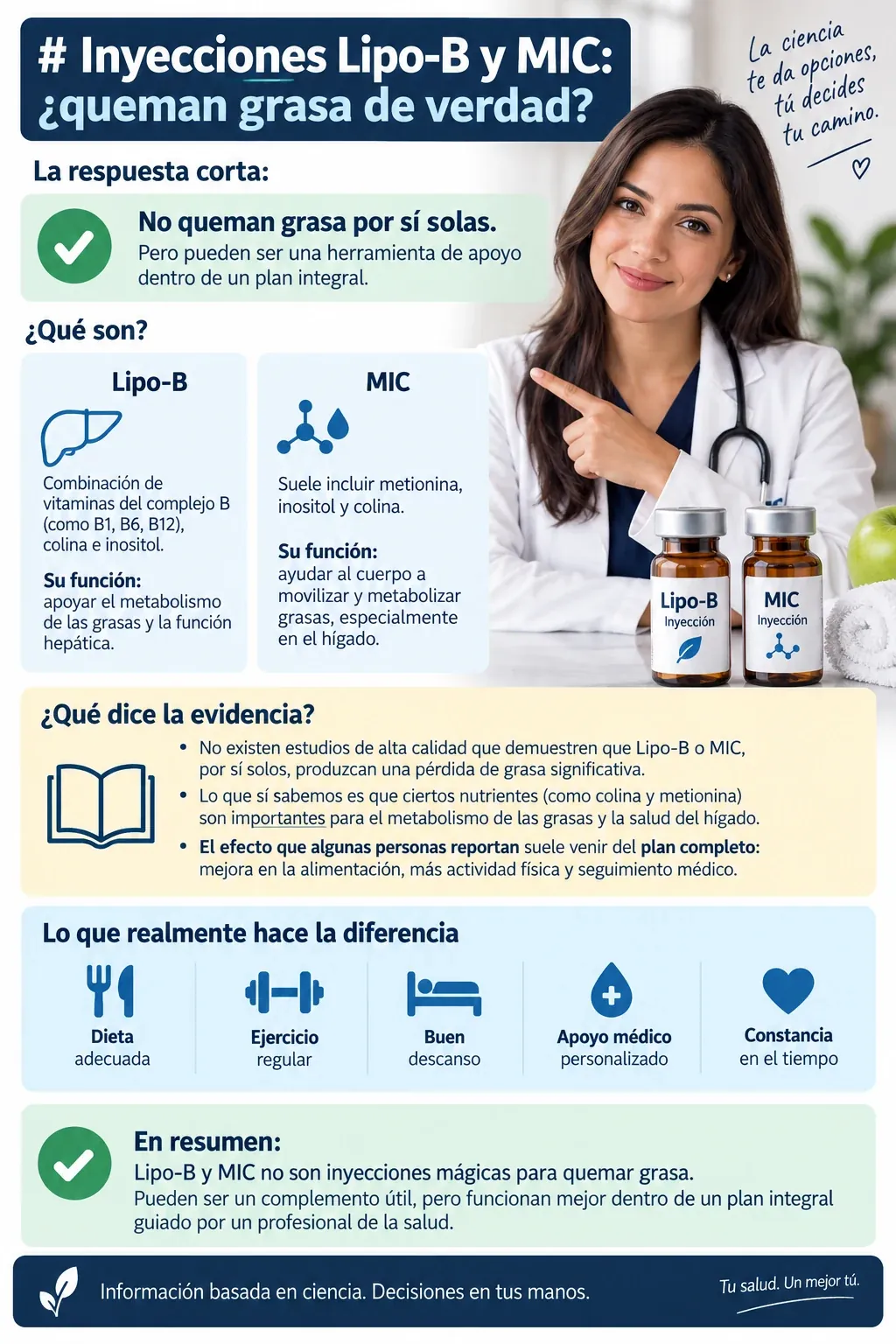Infografía sobre las inyecciones Lipo-B y MIC que explica qué contienen, qué dice la evidencia y por qué la pérdida de peso suele reflejar el plan completo y no solo la inyección